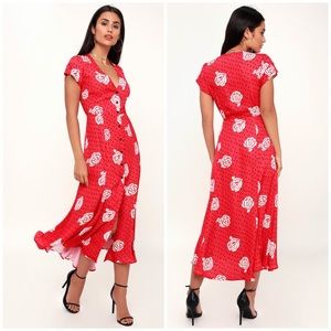 Capulet Elie Red Satin Print Button-Up Midi Dress